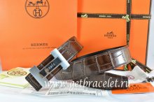 Hermes Reversible Belt Brown/Black Crocodile Stripe Leather With18K Silver H Logo Buckle