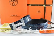 Hermes Reversible Belt Blue/Black Crocodile Stripe Leather With18K Silver H Logo Buckle