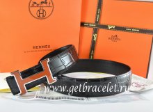 Hermes Reversible Belt Black/Black Crocodile Stripe Leather With18K Orange Silver H Buckle