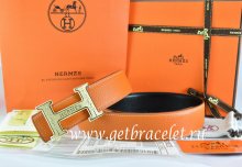 Hermes Reversible Belt Orange/Black Togo Calfskin With 18k Gold Bamboo Stripe H Buckle