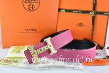 Hermes Reversible Belt Pink/Black Togo Calfskin With 18k Gold Weave Stripe H Buckle