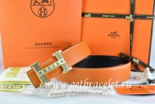 Hermes Reversible Belt Orange/Black Togo Calfskin With 18k Gold Stripes Logo H Buckle