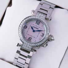 Cartier Pasha C diamond watch for women steel white mother of pearl dial