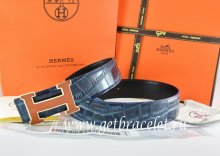 Hermes Reversible Belt Blue/Black Crocodile Stripe Leather With18K Orange Gold H Buckle