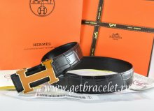 Hermes Reversible Belt Black/Black Crocodile Stripe Leather With18K Yellow Gold H Buckle
