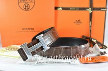 Hermes Reversible Belt Brown/Black Crocodile Stripe Leather With18K Silver Wave Stripe H Buckle