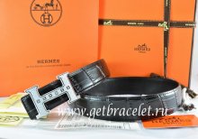Hermes Reversible Belt Black/Black Crocodile Stripe Leather With18K Silver Weave Stripe H Buckle