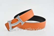 Hermes Reversible Belt Orange/Black Fashion H Togo Calfskin With 18k Silver Buckle