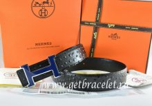 Hermes Reversible Belt Blue/Black Ostrich Stripe Leather With 18K Blue Silver Narrow H Buckle