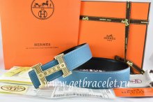 Hermes Reversible Belt Blue/Black Togo Calfskin With 18k Gold Stripes Logo H Buckle