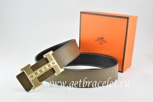 Hermes Reversible Belt Light Gray/Black Togo Calfskin With 18k Gold Stripes Logo H Buckle