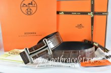 Hermes Reversible Belt Brown/Black Crocodile Stripe Leather With18K Silver Idem Buckle