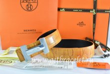 Hermes Reversible Belt Orange/Black Crocodile Stripe Leather With18K Silver H Logo Buckle