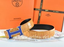 Hermes Reversible Belt Orange/Black Crocodile Stripe Leather With18K Blue Narrow H Buckle