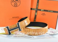 Hermes Reversible Belt Orange/Black Crocodile Stripe Leather With18K Black Silver With Logo H Buckle