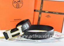Hermes Reversible Belt Black/Black Crocodile Stripe Leather With18K White Gold H Buckle