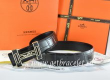 Hermes Reversible Belt Black/Black Crocodile Stripe Leather With18K Black Gold With Logo H Buckle