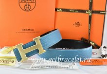 Hermes Reversible Belt Blue/Black Togo Calfskin With 18k Drawbench Gold H Buckle
