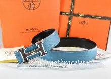 Hermes Reversible Belt Blue/Black Togo Calfskin With 18k Black Silver Logo H Buckle