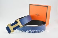 Hermes Reversible Belt Dark Blue/Black Togo Calfskin With 18k Gold Bamboo Stripe H Buckle