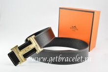 Hermes Reversible Belt Black/Black Togo Calfskin With 18k Orange Gold Geometric Stripe H Buckle