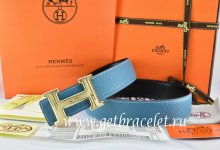 Hermes Reversible Belt Blue/Black Togo Calfskin With 18k Gold Geometric Stripe H Buckle