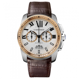 Calibre de Cartier Chronograph watch W7100043 pink gold and steel brown leather strap
