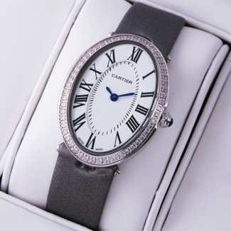Cartier Baignoire steel diamond watch for women grey satin strap
