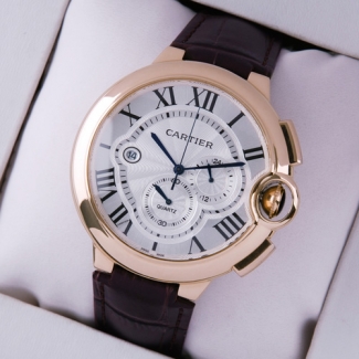 Ballon Bleu de Cartier extra large chronograph watch silver dial 18K pink gold brown leather strap