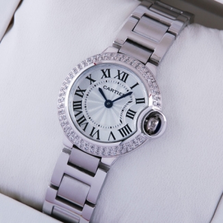 Ballon Bleu de Cartier small quartz steel watch with two rows diamonds bezel