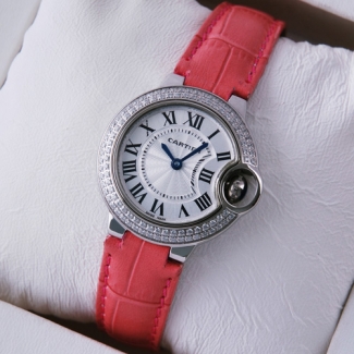 Ballon Bleu de Cartier small quartz steel diamond watch pink leather strap