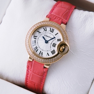 Ballon Bleu de Cartier small quartz pink gold watch with diamond bezel leather strap