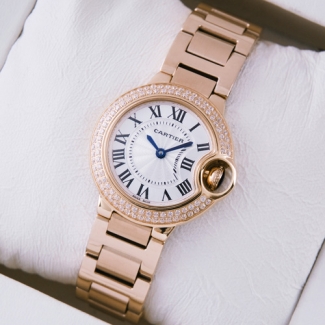 Ballon Bleu de Cartier small swiss quartz pink gold watch with diamond bezel