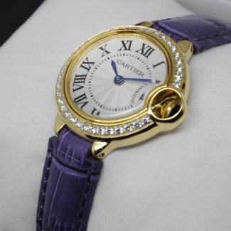Ballon Bleu de Cartier small swiss quartz watch diamond yellow gold purple leather strap
