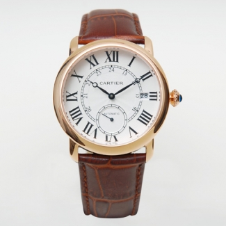 Cartier Ronde Louis automatic replica watch for men 18K pink gold brown leather strap