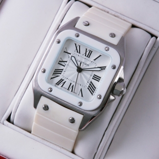 Cartier Santos 100 midsize watch replica stainless steel white rubber strap