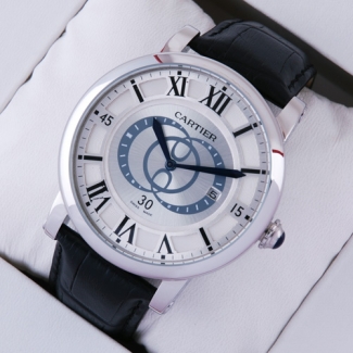 Rotonde de Cartier large silver dial black leather strap steel replica watch for men