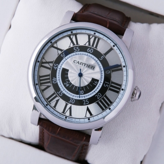 Rotonde de Cartier large brown leather strap steel replica watch for men W1556051