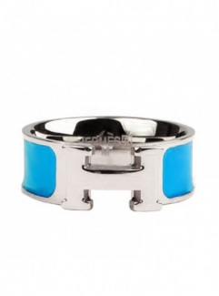 Hermes Enamel Clic H Ring in 18kt White Gold with Blue