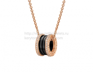 Replica Bvlgari B.zero1 Necklace Pink Gold Black Ceramic with Pave Diamonds Pendant