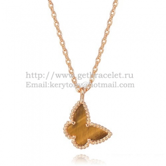 Van Cleef Arpels Lucky Alhambra Butterfly Necklace Pink Gold With Tiger's Eye Mother Of Pearl