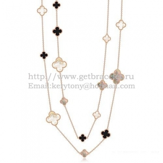 Van Cleef & Arpels Magic Alhambra Necklace Pink Gold 16 Motifs With Black Agate White Gray Mother Of Pearl