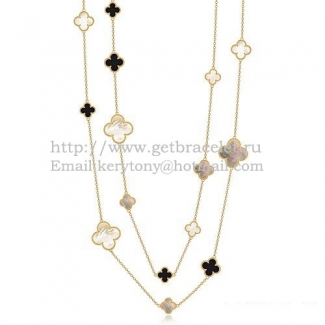 Van Cleef & Arpels Magic Alhambra Necklace Yellow Gold 16 Motifs With Black Agate White Gray Mother Of Pearl