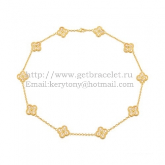Van Cleef & Arpels Vintage Alhambra Long Necklace Yellow Gold 10 Motifs With Pave Diamonds