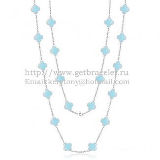 Van Cleef & Arpels Vintage Alhambra Necklace White Gold 20 Motifs With Turquoise Mother Of Pearl