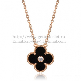 Van Cleef & Arpels Vintage Alhambra Pendant Pink Gold With Black Agate Mother Of Pearl Round Diamonds