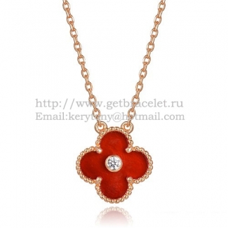 Van Cleef & Arpels Vintage Alhambra Pendant Pink Gold With Carnelian Mother Of Pearl Round Diamonds
