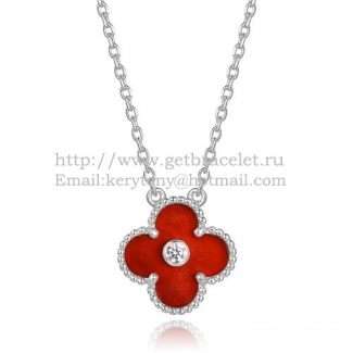 Van Cleef & Arpels Vintage Alhambra Pendant White Gold With Carnelian Mother Of Pearl Round Diamonds