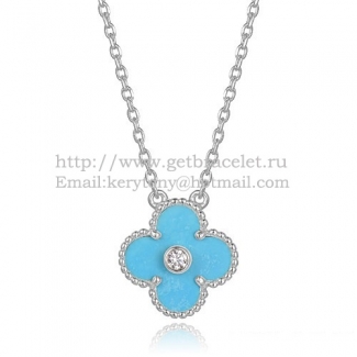 Van Cleef & Arpels Vintage Alhambra Pendant White Gold With Turquoise Mother Of Pearl Round Diamonds