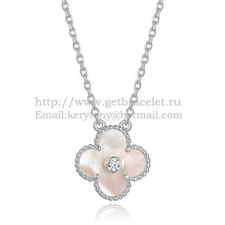 Van Cleef & Arpels Vintage Alhambra Pendant White Gold With White Mother Of Pearl Round Diamonds